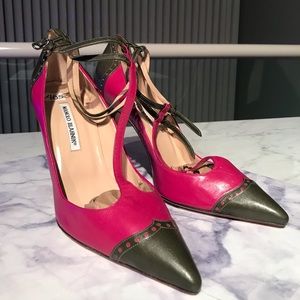 Manolo Blahnik Oxford Magenta Pink Olive Green Heels Office Womens 40.5 / 10.5